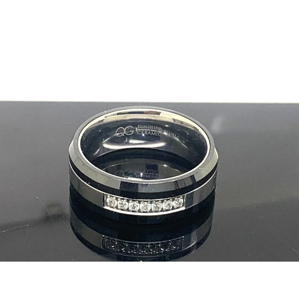 Wedding Band Stainless Steel Ceramic Cubic Zirconia 8mm Unisex Ring Size 9